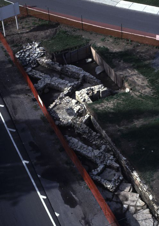 The Officers' Mess with fireplace pad and porch entrance along the West Curtain Wall, 1984.